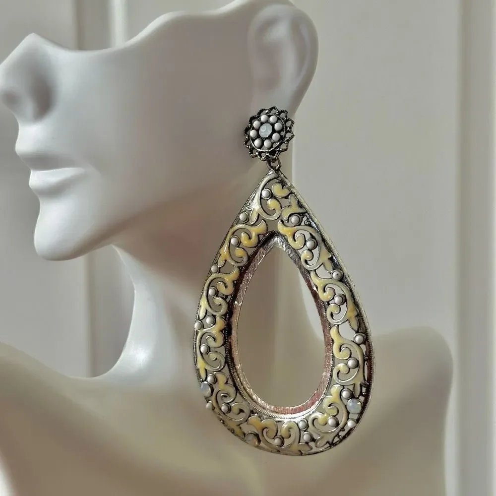 Large yellow silver tone rhinestone teardrop statement earrings